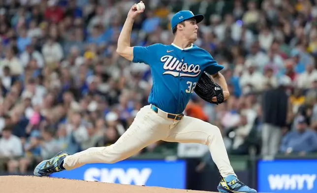Milwaukee Brewers' Jacob Misiorowski pitches during the first inning of a baseball game against the Chicago Cubs, Friday, June 26, 2026, in Milwaukee. (AP Photo/Aaron Gash)