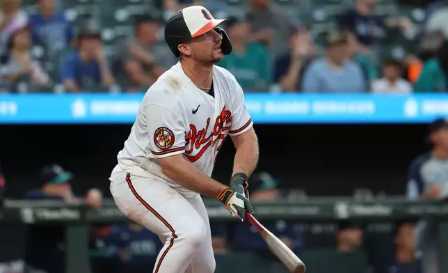 Baltimore Orioles' Pete Alonso watches his home run hit off Seattle Mariners pitcher George Kirby during the sixth inning of a baseball game, Wednesday, June 10, 2026, in Baltimore. (AP Photo/Terrance Williams)