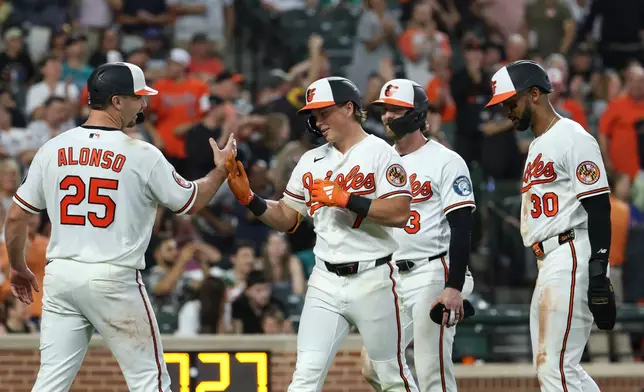 Baltimore Orioles' Jackson Holliday, center, celebrates his grand slam home run with Pete Alonso (25) hit off Seattle Mariners pitcher Domingo Gonzalez which scored Taylor Ward, Pete Alonso and Leody Taveras during the seventh inning of a baseball game, Wednesday, June 10, 2026, in Baltimore. (AP Photo/Terrance Williams)