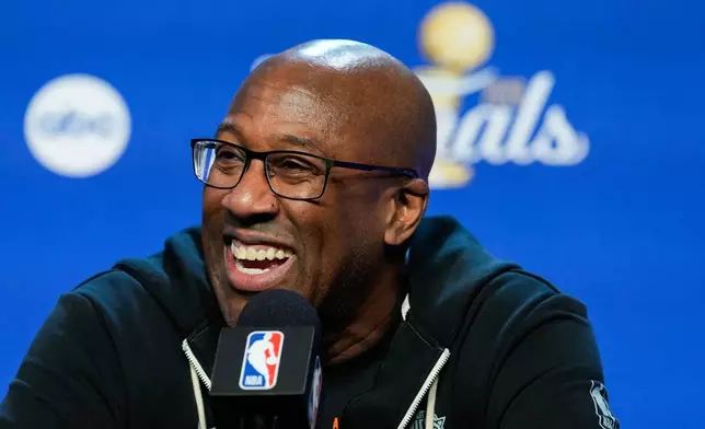 New York Knicks head coach Mike Brown speaks during a news conference prior to Game 5 of the NBA Finals basketball series against the San Antonio Spurs, Friday, June 12, 2026, in San Antonio. (AP Photo/Ross D. Franklin)