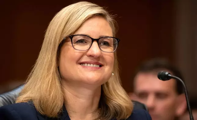 FILE - Phoenix Mayor Kate Gallego listens during a hearing of the Senate Committee on Environment and Public Works on Capitol Hill, July 16, 2025, in Washington. (AP Photo/Mark Schiefelbein, File)