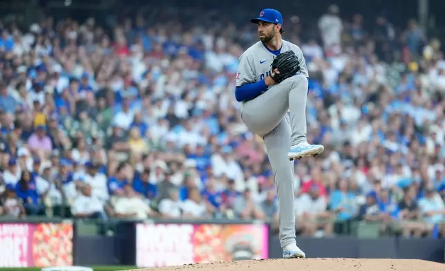 Chicago Cubs' David Peterson winds up to deliver during the first inning of a baseball game against the Milwaukee Brewers, Saturday, June 27, 2026, in Milwaukee. (AP Photo/Aaron Gash)