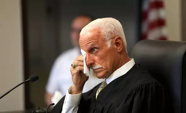 Judge Tim Mazzei becomes emotional as Jasmine Robinson, cousin of Jessica Taylor, speaks during a victim impact statement during sentencing of Gilgo serial killer Rex Heuermann at Suffolk County Court in Riverhead, N.Y., on Wednesday, June. 17, 2026. (James Carbone/Newsday via AP, Pool)