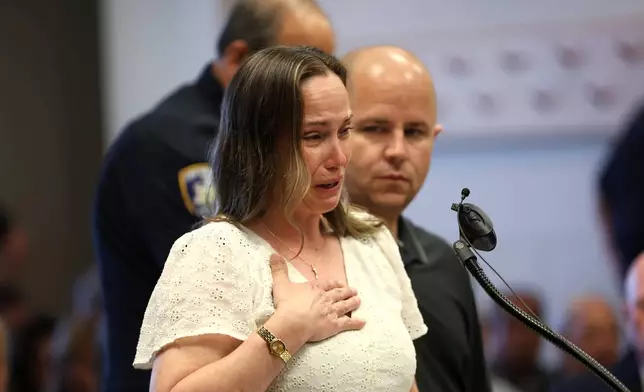 Melissa Cann, sister of Maureen Brainard Barnes, speaks prior to sentencing of Gilgo serial killer Rex Heuermann by Judge Tim Mazzei at Suffolk County Court in Riverhead, N.Y., on Wednesday, June 17, 2026. (James Carbone/Newsday via AP, Pool)