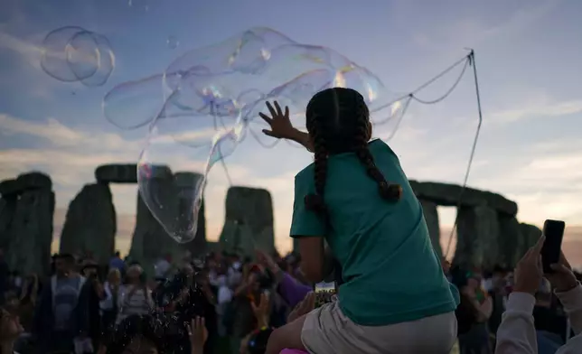 Revelers gather at the ancient stone circle Stonehenge to celebrate the summer solstice, the longest day of the year, near Salisbury, England, on Saturday, June 20, 2026. (AP Photo/Alberto Pezzali)
