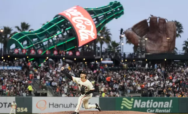 San Francisco Giants pitcher Tyler Mahle throws against the Athletics during the fifth inning of a baseball game Wednesday, June 24, 2026, in San Francisco. (AP Photo/Jeff Chiu)