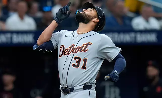 Detroit Tigers' Riley Greene reacts after his home run off Tampa Bay Rays pitcher Griffin Jax during the third inning of a baseball game Monday, June 1, 2026, in St. Petersburg, Fla. (AP Photo/Chris O'Meara)