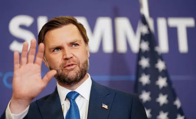 U.S. Vice President JD Vance, gestures as he meets with Pakistan's Prime Minister Shehbaz Sharif, during high-level talks aimed at advancing a deal to end the Middle East conflict, at the Bürgenstock Resort in Obbuergen, near Lucerne, in Switzerland, Sunday, June 21, 2026. (Nathan Howard/Pool Photo via AP)