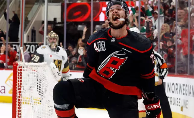 Carolina Hurricanes' Sebastian Aho (20) celebrates after his goal during the second period in Game 5 of the NHL hockey Stanley Cup Final series against the Vegas Golden Knights in Raleigh, N.C., Thursday, June 11, 2026. (AP Photo/Karl DeBlaker)