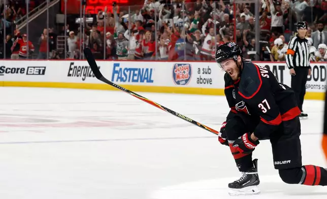 Carolina Hurricanes' Andrei Svechnikov celebrates his goal during the second period in Game 5 of the NHL hockey Stanley Cup Final series against the Vegas Golden Knights in Raleigh, N.C., Thursday, June 11, 2026. (AP Photo/Karl DeBlaker)
