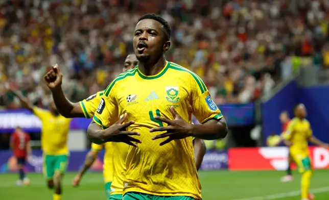 South Africa's Teboho Mokoena celebrates after scoring a penalty, his side's first goal during the World Cup Group A soccer match between Czechia and South Africa in Atlanta, Thursday, June 18, 2026. (AP Photo/Erik S. Lesser)