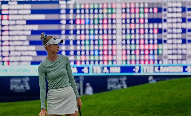 Nelly Korda watches her putt on the 18th hole during the final round of the Women's PGA Championship golf tournament at Hazeltine National Golf Club, Sunday, June 28, 2026, in Chaska, Minn. (AP Photo/Chris Carlson)