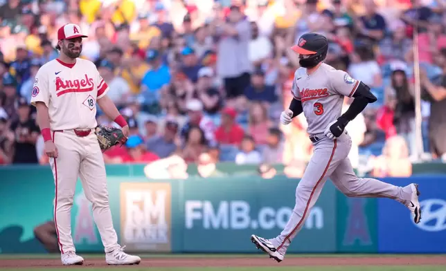 Baltimore Orioles' Taylor Ward, right, heads to second after hitting a solo home run as Los Angeles Angels first baseman Nolan Schanuel watches during the first inning of a baseball game Monday, June 22, 2026, in Anaheim, Calif. (AP Photo/Mark J. Terrill)