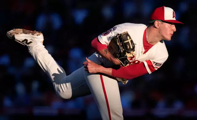 Los Angeles Angels pitcher Sam Aldegheri throws to the plate during the third inning of a baseball game against the Baltimore Orioles, Monday, June 22, 2026, in Anaheim, Calif. (AP Photo/Mark J. Terrill)
