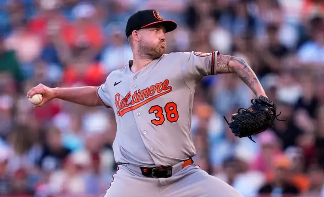 Baltimore Orioles pitcher Kyle Bradish throws to the plate during the first inning of a baseball game against the Los Angeles Angels, Monday, June 22, 2026, in Anaheim, Calif. (AP Photo/Mark J. Terrill)
