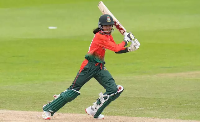 Shorna Akter of Bangladesh bats during the ICC Women's T20 World Cup match between Pakistan and Bangladesh, at the Hampshire Bowl, Southampton, England, Saturday June 20, 2026. (Andrew Matthews/PA via AP)