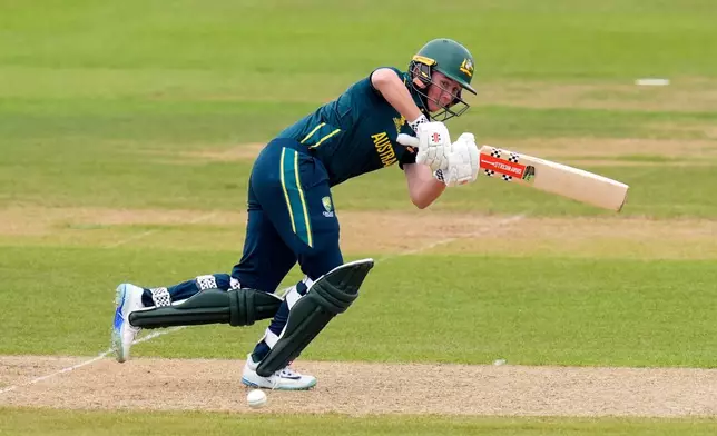 Beth Mooney of Australia bats during the Women's T20 World Cup match between Australia and Netherlands in Southampton, England, Saturday June 20, 2026. (Andrew Matthews/PA via AP)