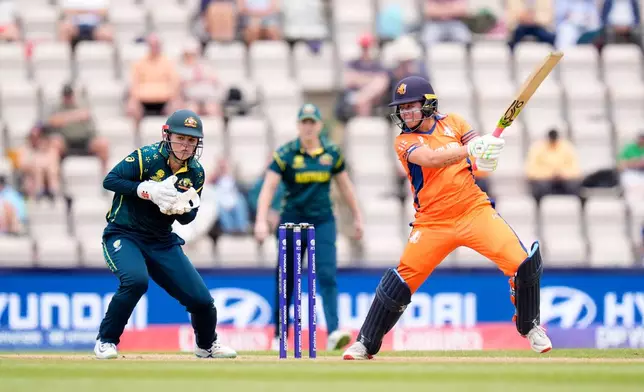 Sterre Kalis of the Netherlands bats during the Women's T20 World Cup match between Australia and Netherlands in Southampton, England, Saturday June 20, 2026. (Andrew Matthews/PA via AP)