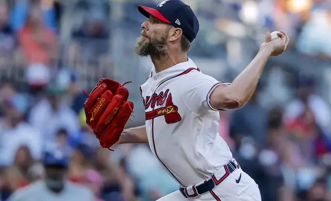 Atlanta Braves pitcher Chris Sale delivers to a Toronto Blue Jays batter during the first inning of a baseball game, Thursday, June 4, 2026, in Atlanta. (AP Photo/Erik S. Lesser)
