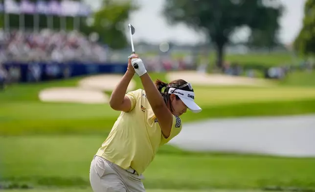Haeran Ryu, of South Korea, hits on the eighth hole during the final round of the Women's PGA Championship golf tournament at Hazeltine National Golf Club, Sunday, June 28, 2026, in Chaska, Minn. (AP Photo/Chris Carlson)