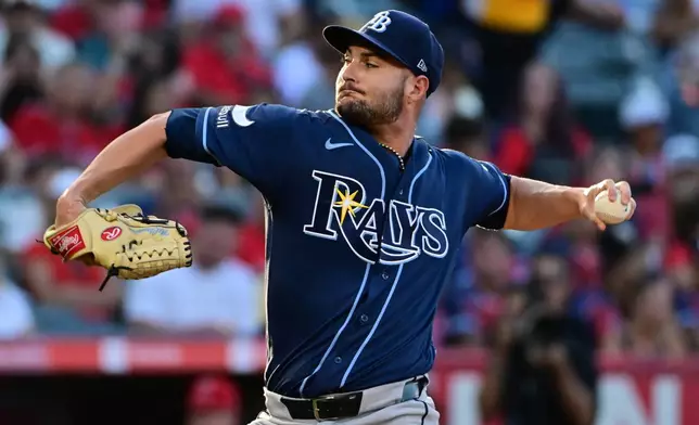 Tampa Bay Rays pitcher Shane McClanahan (18) throws pitch against the Los Angeles Angels in the first inning of a baseball game Friday, June 12, 2026, in Anaheim, Calif. (AP Photo/Wally Skalij)