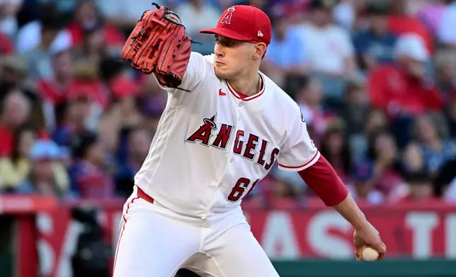 Los Angeles Angels pitcher Sam Aldegheri (61) throws a pitch against the Tampa Bay Rays in the first inning of a baseball game Friday, June 12, 2026, in Anaheim, Calif. (AP Photo/Wally Skalij)