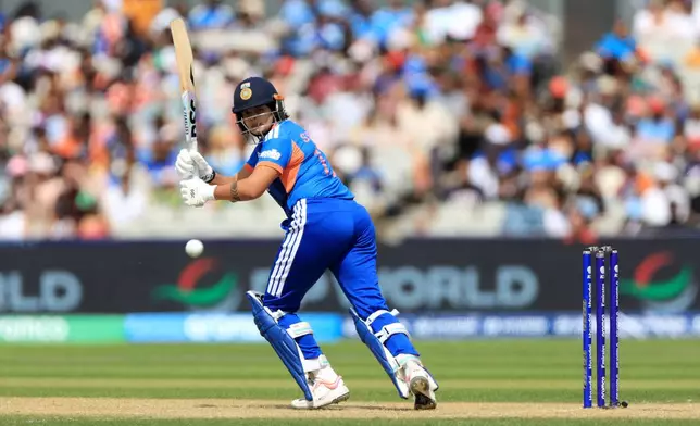 India's Shafali Verma batting during the ICC Women's T20 World Cup match between India and South Africa, at Emirates Old Trafford, Manchester, England, Sunday June 21, 2026. (Nigel French/PA via AP)