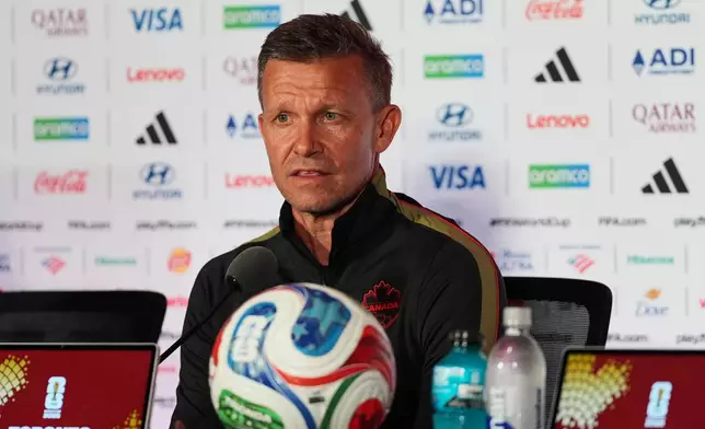 Canada head coach Jesse Marsch speaks during a press conference, Thursday, June 11, 2026, in Toronto, on the eve of the team's World Cup soccer match against Bosnia. (AP Photo/Stephanie Scarbrough)