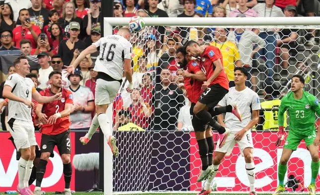 New Zealand's Finn Surman (16) scores the opening goal during the World Cup Group G soccer match between New Zealand and Egypt in Vancouver, British Columbia, Sunday, June 21, 2026. (AP Photo/Abbie Parr)