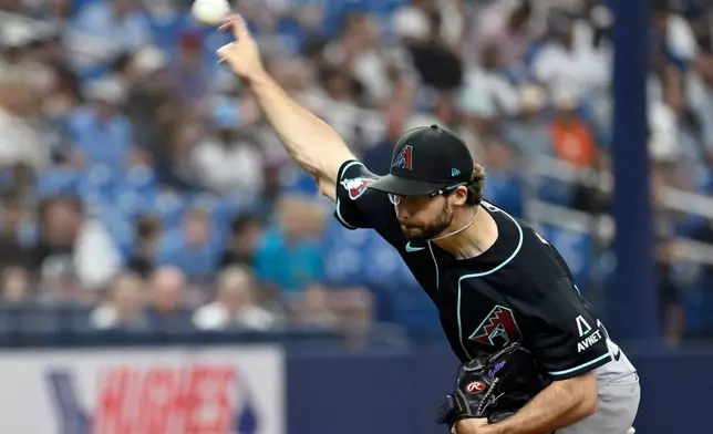 Arizona Diamondbacks pitcher Zac Gallen throws during the first inning of a baseball game against the Tampa Bay Rays Friday, June 26, 2026, in St. Petersburg, Fla. (AP Photo/Jason Behnken)