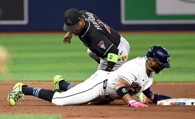 Tampa Bay Rays Yandy Díaz, bottom, gets safely back to second base before a tag by Arizona Diamondbacks shortstop Geraldo Perdomo, top, during the fourth inning of a baseball game Friday, June 26, 2026, in St. Petersburg, Fla. (AP Photo/Jason Behnken)