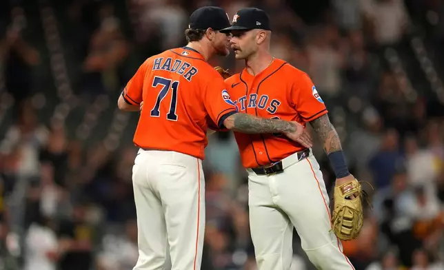 Houston Astros closer Josh Hader, left, celebrates the Astros' come-from-behind win with Christian Walker after a baseball game against the Pittsburgh Pirates, Wednesday, June 3, 2026, in Houston. (AP Photo/Karen Warren)