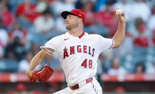 Los Angeles Angels starting pitcher Reid Detmers (48) throws during the second inning of a baseball game Athletics, Saturday, June 27, 2026, in Anaheim, Calif. (AP Photo/Caroline Brehman)