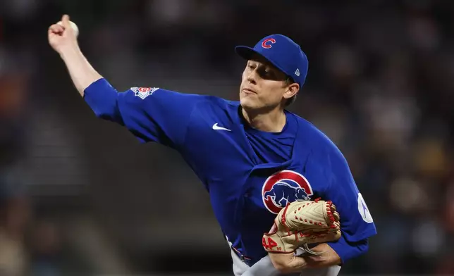 Chicago Cubs pitcher Phil Maton throws to a San Francisco Giants batter during the ninth inning of a baseball game Saturday, June 13, 2026, in San Francisco, Calif. (AP Photo/Scott Marshall)