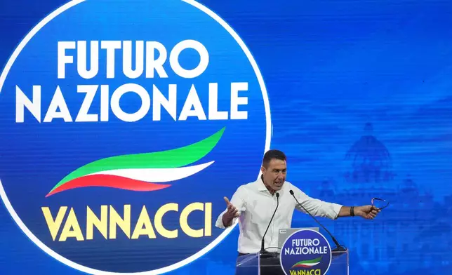 EU Parliament member and former Italian army general Roberto Vannacci addresses the audience as he concludes the two-day founding congress of his far-right party, Futuro Nazionale (National Future) in Rome, Sunday, June 14, 2026. (AP Photo/Gregorio Borgia)