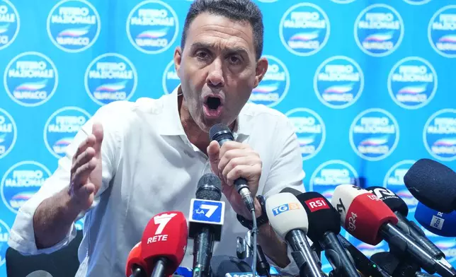 EU Parliament member and former Italian army general Roberto Vannacci speaks during a press conference as he concludes the two-day founding congress of his far-right party, Futuro Nazionale (National Future) in Rome, Sunday, June 14, 2026. (AP Photo/Gregorio Borgia)