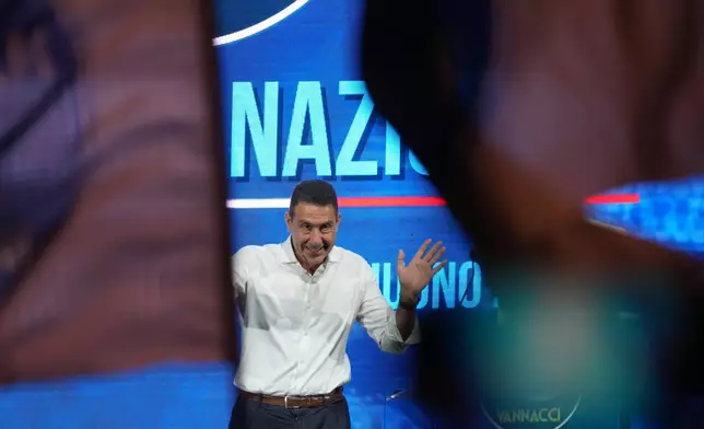 EU Parliament member and former Italian army general Roberto Vannacci addresses the audience as he concludes the two-day founding congress of his far-right party, Futuro Nazionale (National Future) in Rome, Sunday, June 14, 2026. (AP Photo/Gregorio Borgia)