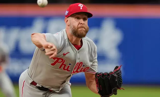 Philadelphia Phillies' Zack Wheeler pitches dsecond inning of a baseball game against the New York Mets Friday, June 26, 2026, in New York. (AP Photo/Frank Franklin II)