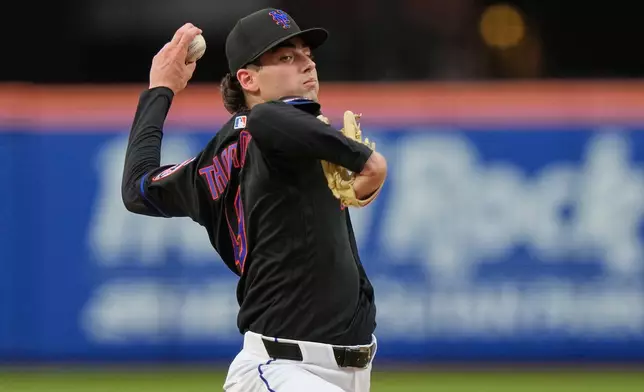 New York Mets' Zach Thornton (49) pitches during the second inning of a baseball game against the Philadelphia Phillies Friday, June 26, 2026, in New York. (AP Photo/Frank Franklin II)