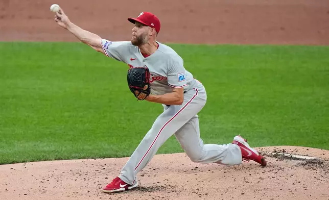 Philadelphia Phillies' Zack Wheeler pitches during the first inning of a baseball game against the New York Mets Friday, June 26, 2026, in New York. (AP Photo/Frank Franklin II)
