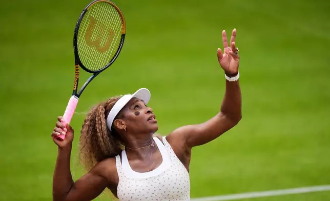 United States' Serena Williams during a practice session on day three of the Queen's Club tennis championships in London, Wednesday, June 10, 2026. (Ben Whitley/PA via AP)