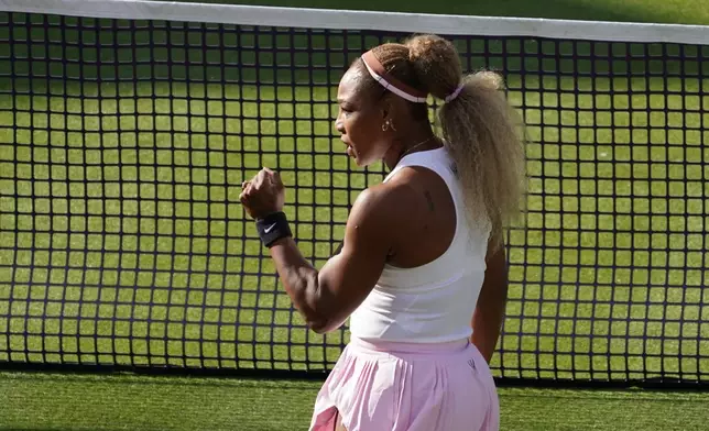 Serena Williams of the United States, celebrates winning a point as she and playing partner Victoria Mboko of Canada play against Nicole Melichar-Martinez of Canada and Erin Routliffe of New Zealand during their first round doubles match at the Queen's Club tennis championships in London, Tuesday, June 9, 2026. (AP Photo/Alberto Pezzali)