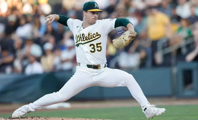 Athletics starting pitcher J.T. Ginn (35) throws during the first inning of a baseball game against the Milwaukee Brewers, Tuesday, June 9, 2026, in Las Vegas. (AP Photo/Caroline Brehman)