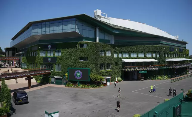 A general view of Centre Court as final preparations are made ahead of the Wimbledon tennis championships in London, Wednesday, June 24, 2026. (AP Photo/Kin Cheung)