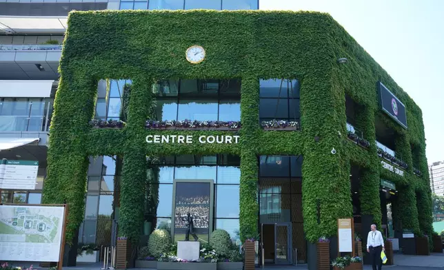 A general view of Centre Court as final preparations are made ahead of the Wimbledon tennis championships in London, Wednesday, June 24, 2026. (AP Photo/Kin Cheung)