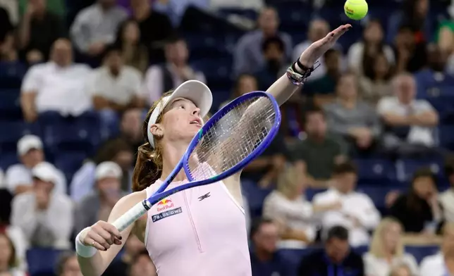 FILE - Maya Joint, of Australia, serves to Amanda Anisimova, of the United States, during the second round of the U.S. Open tennis championships, Aug. 28, 2025, in New York. (AP Photo/Adam Hunger, File)