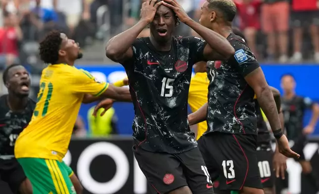 Canada's Moise Bombito reacts during the World Cup round of 32 soccer match against South Africa in Inglewood, Calif., near Los Angeles, Sunday, June 28, 2026. (AP Photo/Andre Penner)