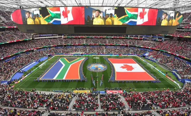 General view during the pre game ceremony before the World Cup round of 32 soccer match between Canada and South Africa in Inglewood, Calif., near Los Angeles, Sunday, June 28, 2026. (AP Photo/Marcio Sanchez)