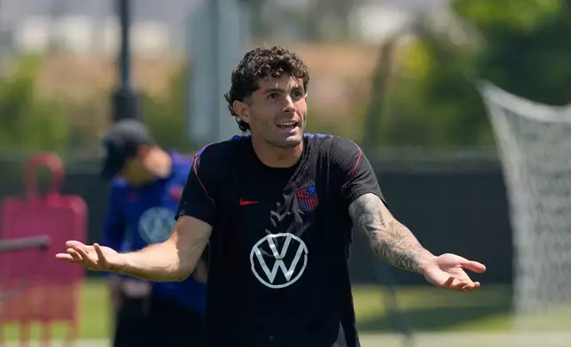 United States' Christian Pulisic attends a training session ahead of a FIFA World Cup match against Turkey in Irvine, Calif., Tuesday, June 23, 2026. (AP Photo/Andre Penner)