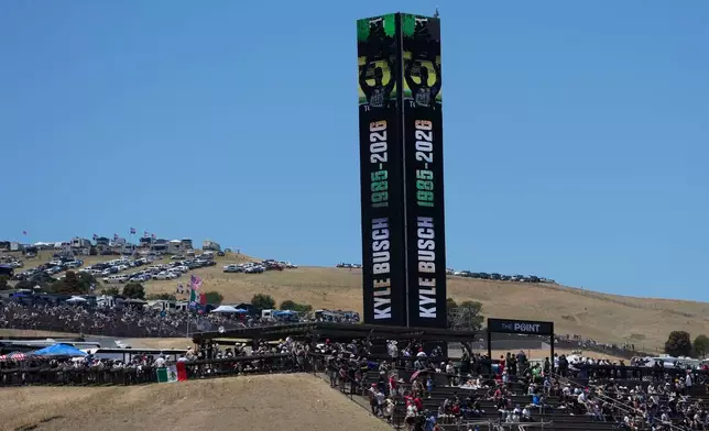 A tribute to Kyle Busch is displayed during a NASCAR Cup Series auto race at Sonoma Raceway, Sunday, June 28, 2026, in Sonoma, Calif. (AP Photo/Jeff Chiu)